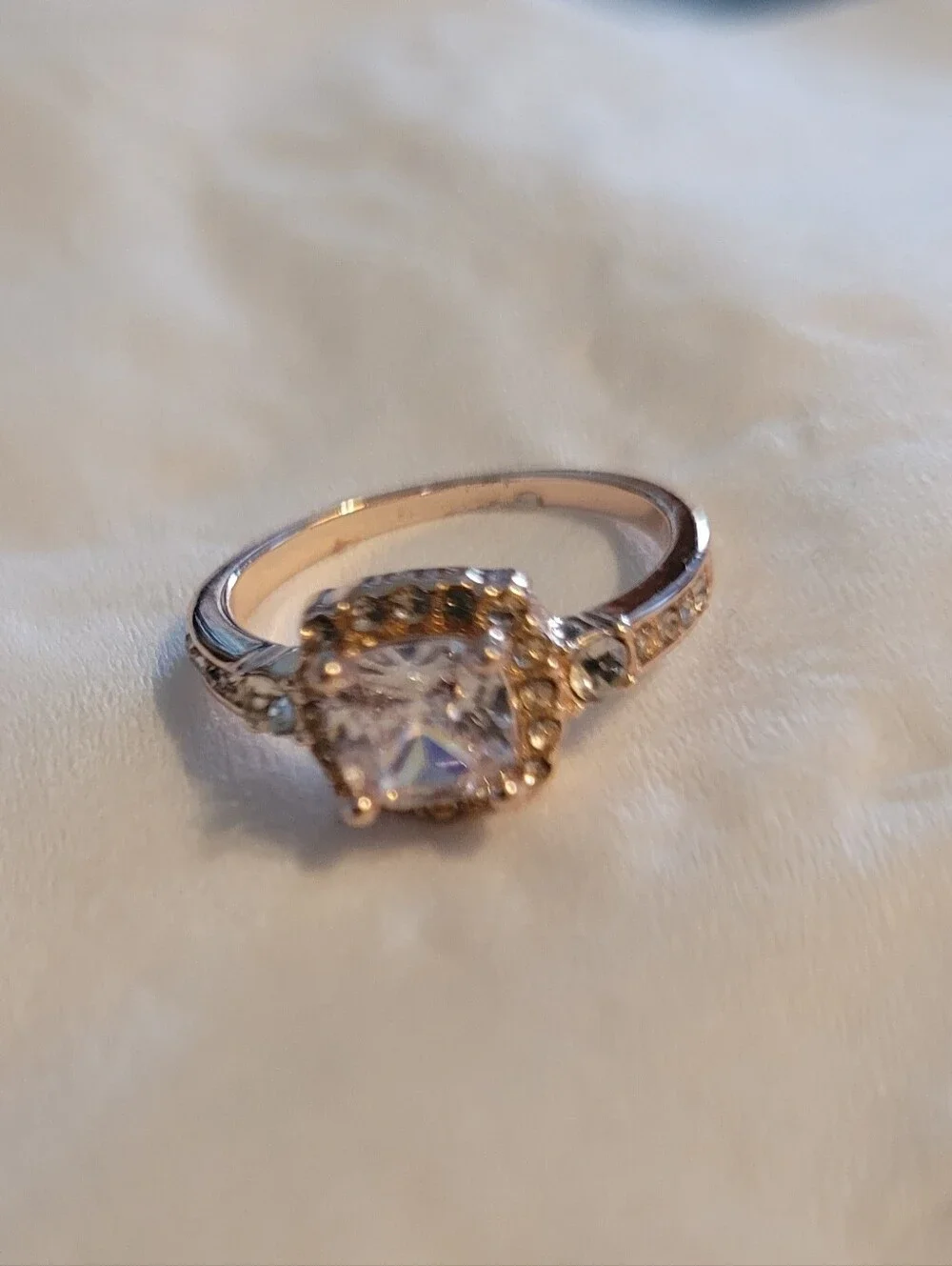 Rose Gold Tone Halo Simulated Diamond Ring - Size 6
